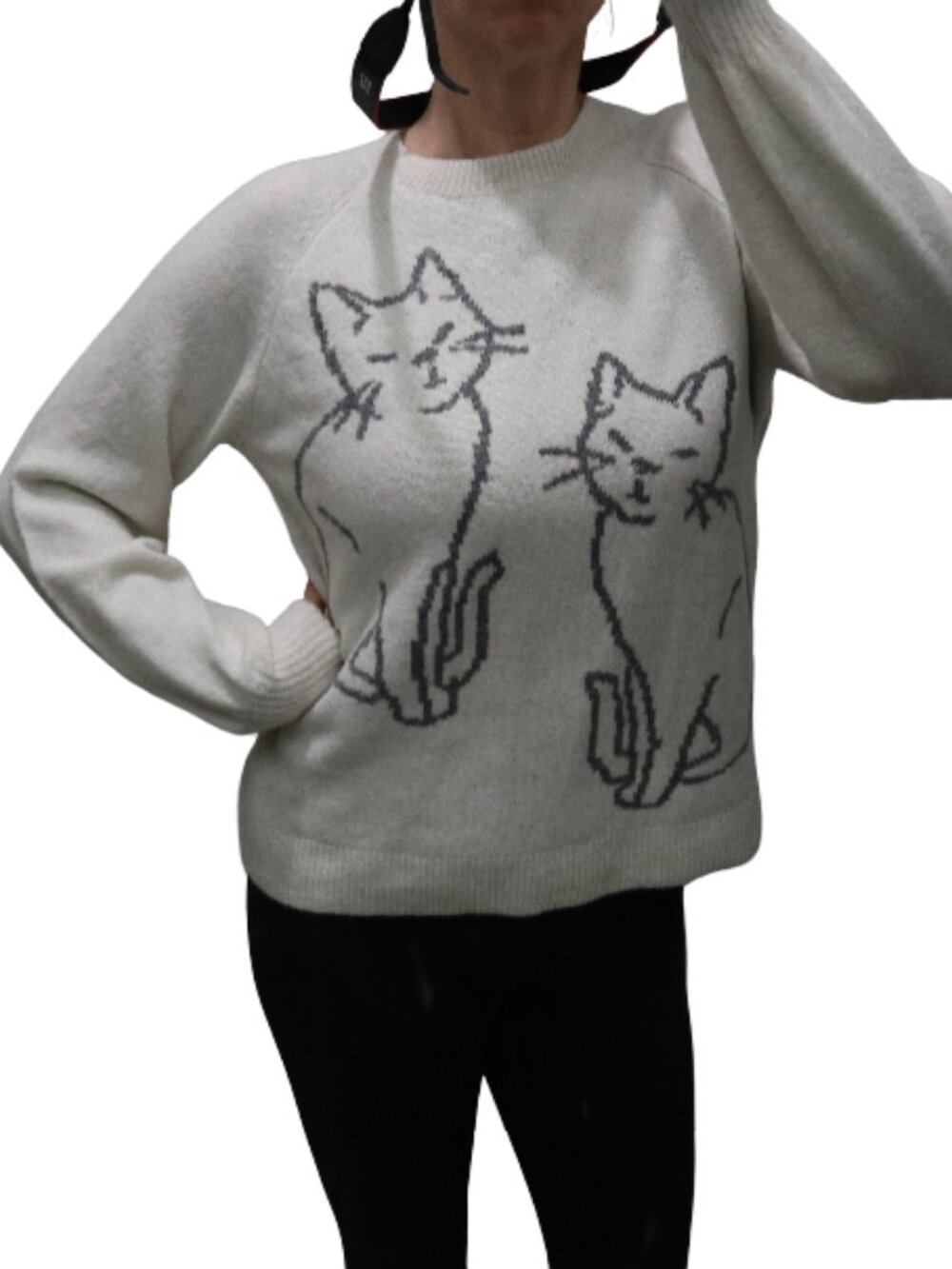Cream Cat Intarsia Crewneck Sweater - Women